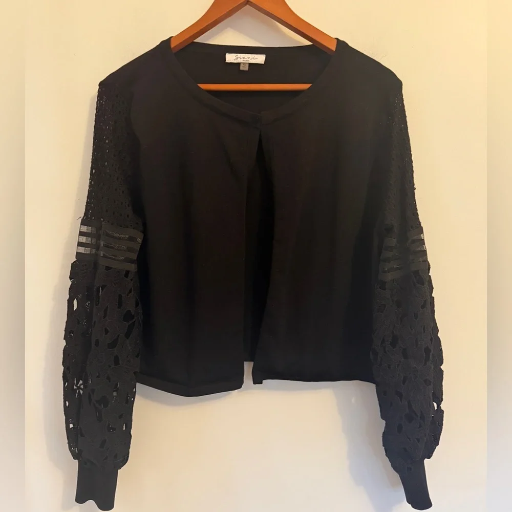 Sioni Women's Open Front Cardigan with Crochet/Sheer Puff Long Sleeves Size XL - Picture 4 of 16